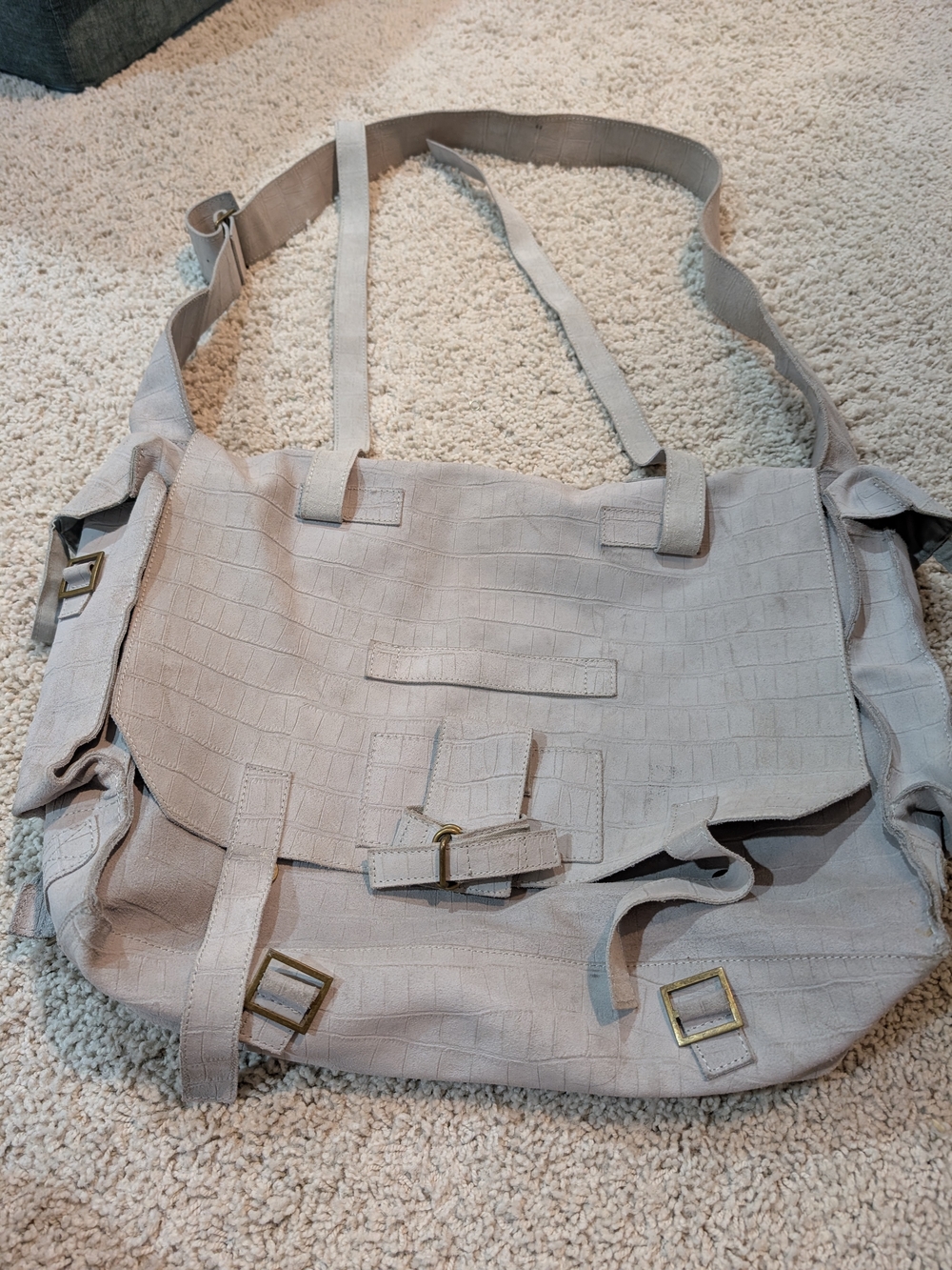 Embossed Suede Neutral Gray Crossbody Messenger Bag